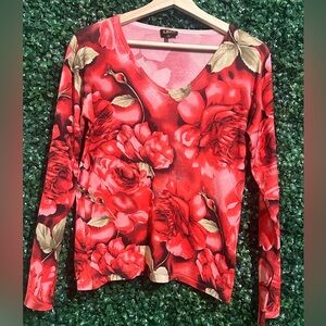 UbU Floral Rose Red Top / Blouse Size Small Silk Blend and Stretchy and Soft!